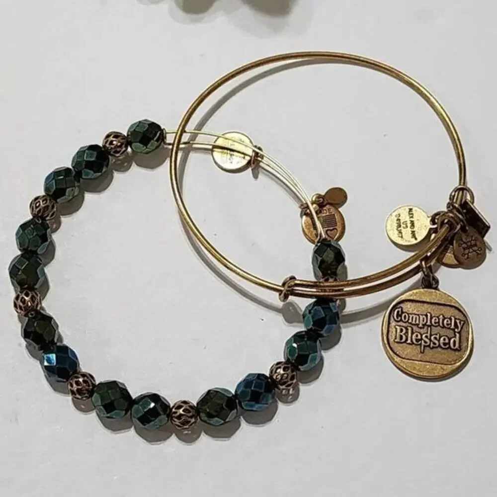 Alex and Ani Completely Blessed Bangle Set Rafaelian Gold Beaded Green 2pc